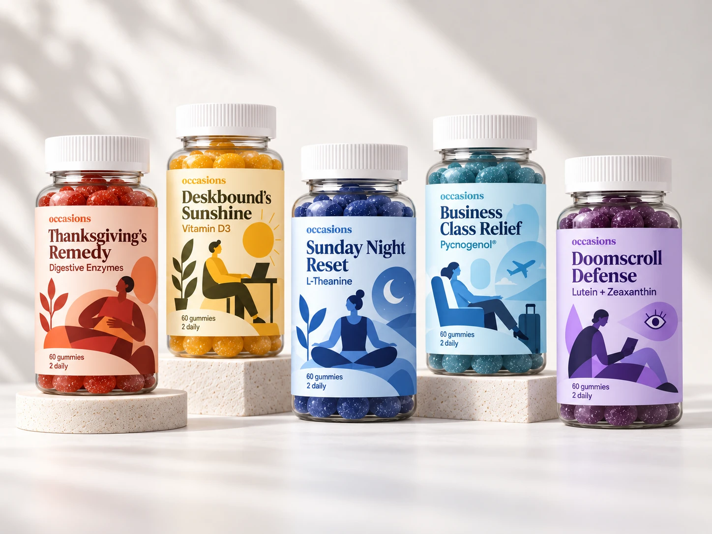Five occasions gummy bottles: Thanksgiving’s Remedy, Deskbound’s Sunshine, Sunday Night Reset, Business Class Relief, and Doomscroll Defense
